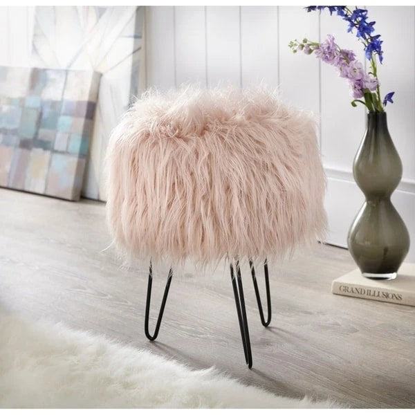 Tabouret d'appoint rond en fausse fourrure avec pieds épingle en métal