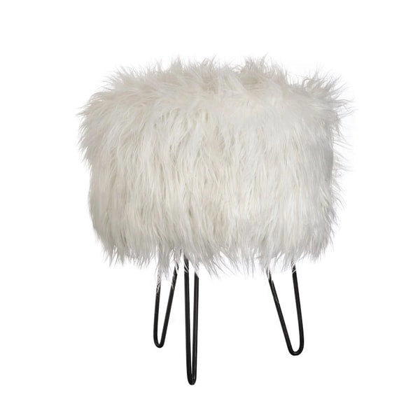 Tabouret d'appoint rond en fausse fourrure avec pieds épingle en métal