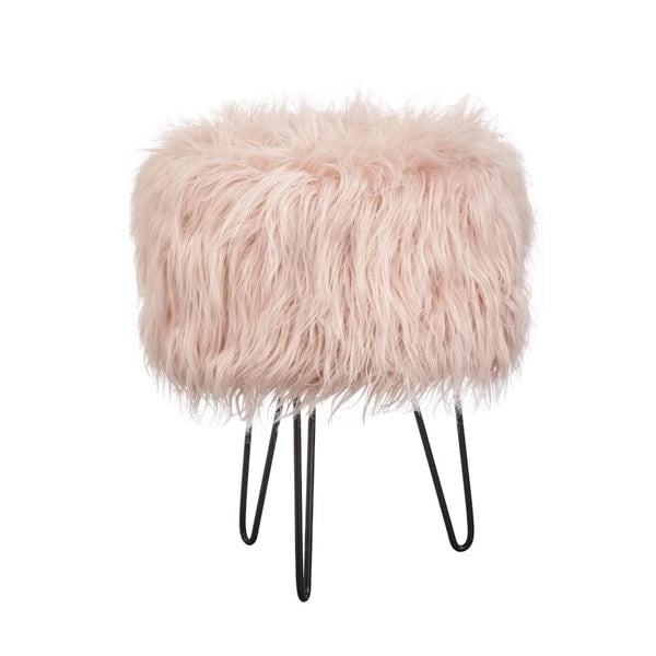 Tabouret d'appoint rond en fausse fourrure avec pieds épingle en métal