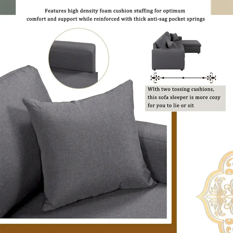 Canapé-lit d'angle rembourré avec rangement, 2 coussins de décoration