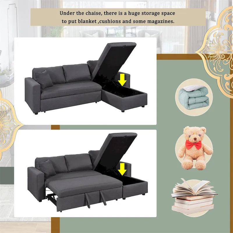 Canapé-lit d'angle rembourré avec rangement, 2 coussins de décoration