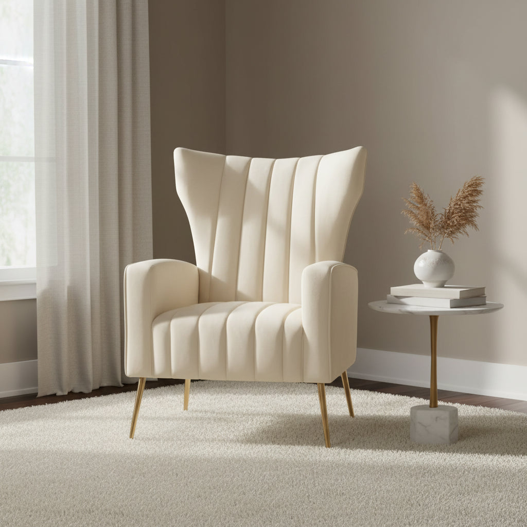 Fauteuil d'appoint en velours à oreilles avec structure en métal doré
