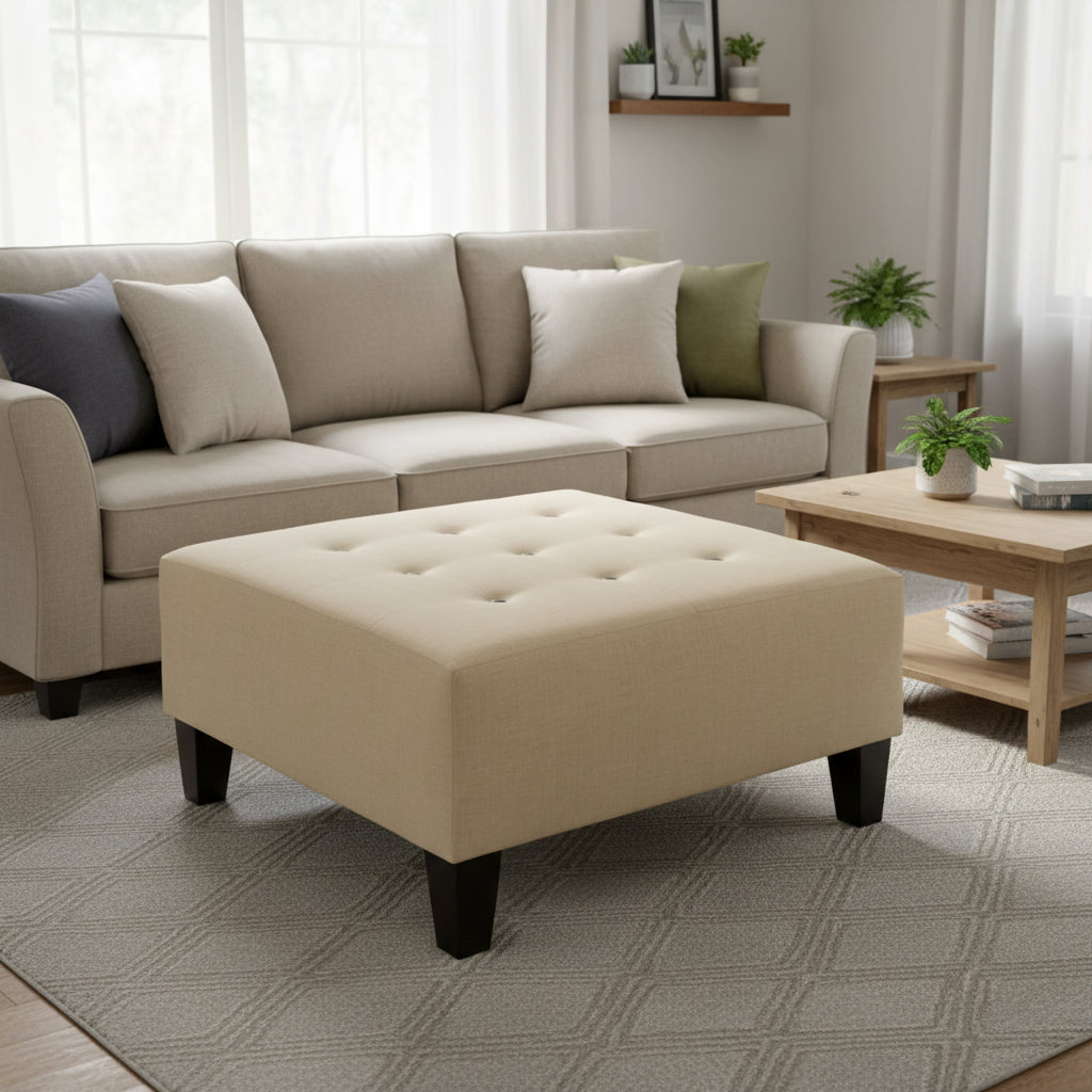 Pouf carré tapissé capitonné bleu