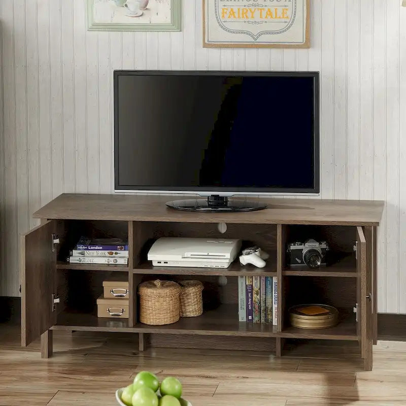 Meuble TV console en noyer vieilli, style transitionnel, 48 pouces, 6 étagères