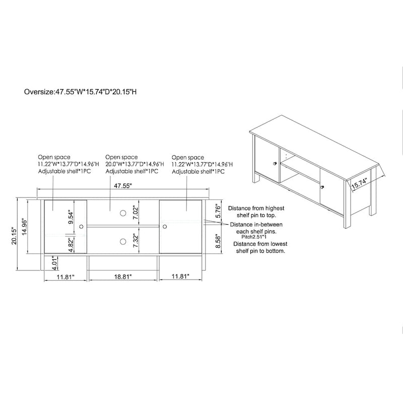 Meuble TV console en noyer vieilli, style transitionnel, 48 pouces, 6 étagères