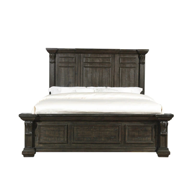 Lit, commode, miroir et deux tables de nuit en bois de noyer foncé vieilli