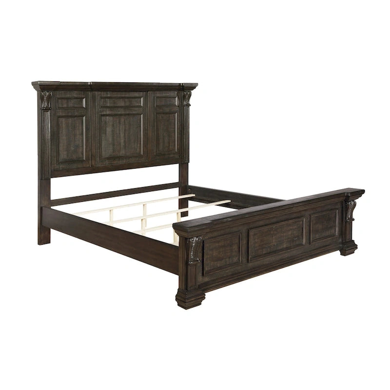 Lit, commode, miroir et deux tables de nuit en bois de noyer foncé vieilli