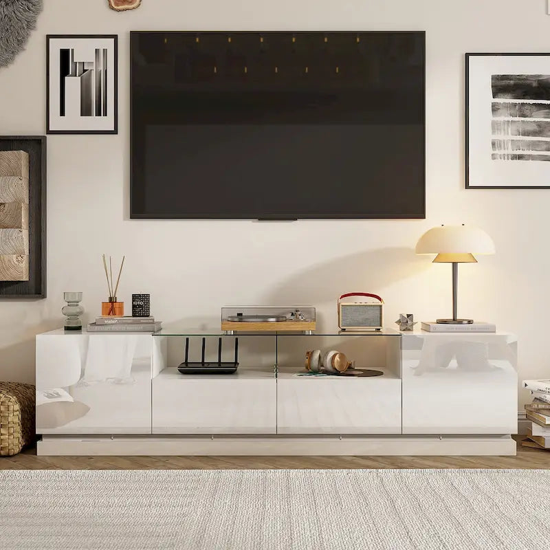 Meuble TV LED blanc 70 pouces, meuble TV haute brillance, dessus en verre