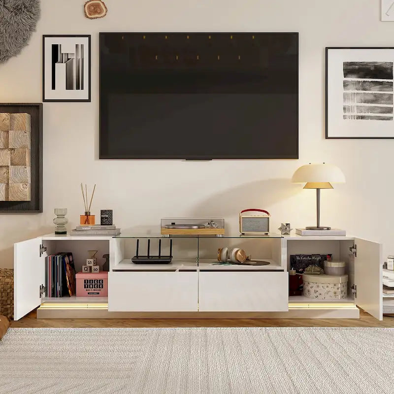 Meuble TV LED blanc 70 pouces, meuble TV haute brillance, dessus en verre