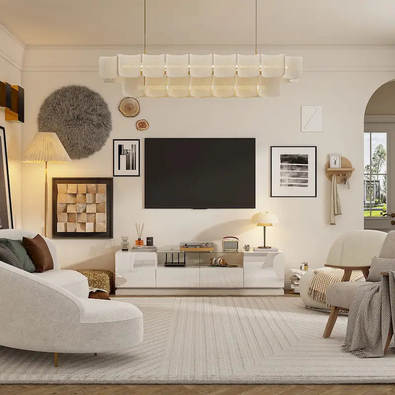Meuble TV LED blanc 70 pouces, meuble TV haute brillance, dessus en verre