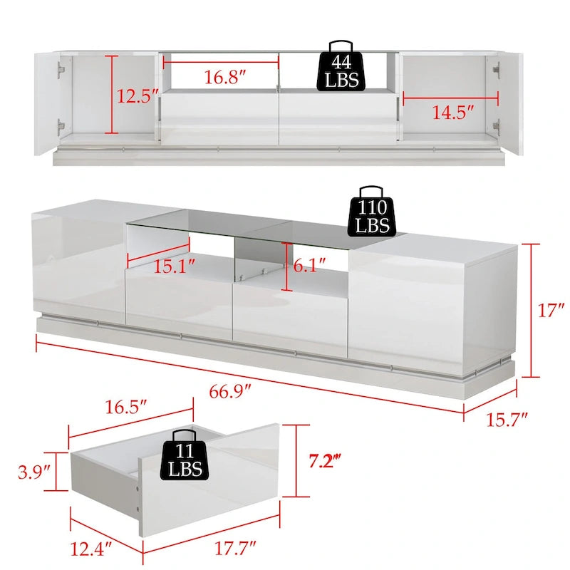 Meuble TV LED blanc 70 pouces, meuble TV haute brillance, dessus en verre