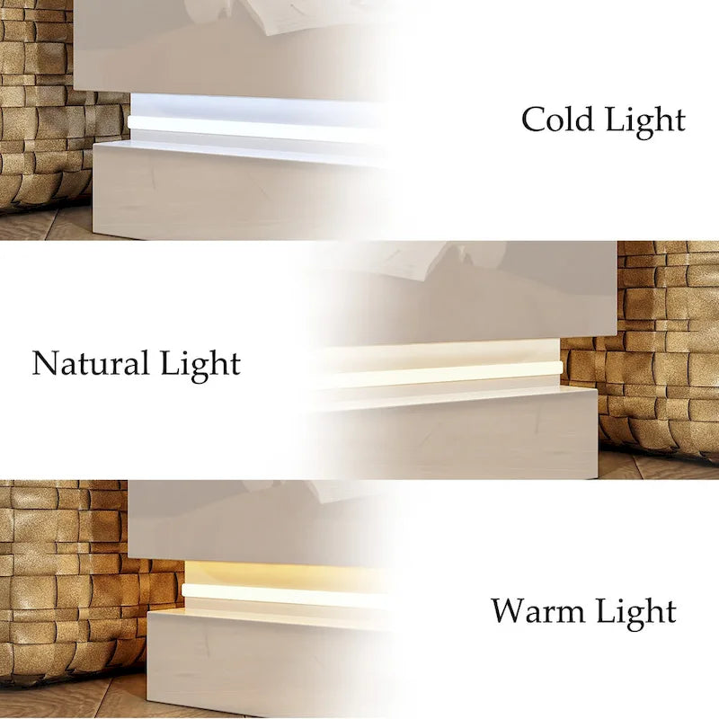 Meuble TV LED blanc 70 pouces, meuble TV haute brillance, dessus en verre