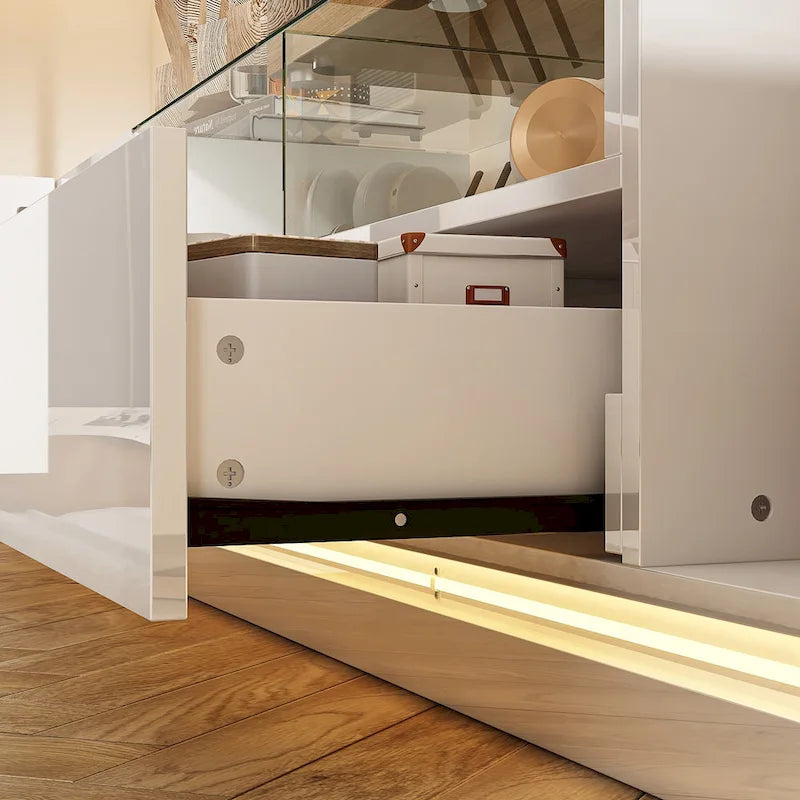 Meuble TV LED blanc 70 pouces, meuble TV haute brillance, dessus en verre