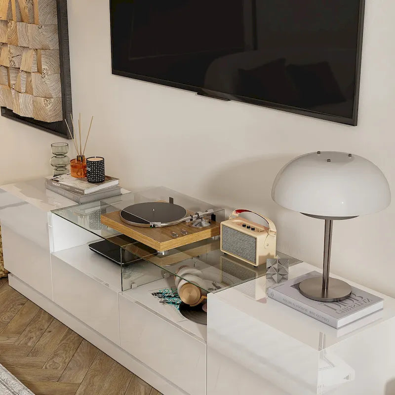 Meuble TV LED blanc 70 pouces, meuble TV haute brillance, dessus en verre