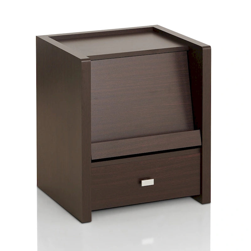 Table d'appoint moderne en noyer 45 cm, 1 étagère, avec porte-revues coulissant