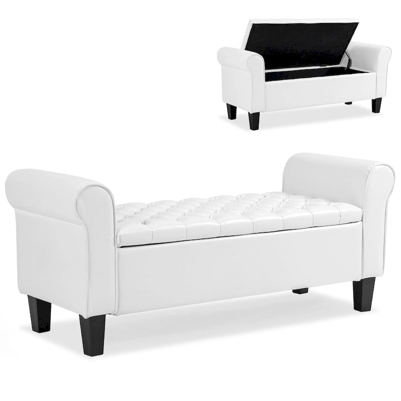 Banc pouf de rangement, pouf rembourré en cuir avec accoudoir