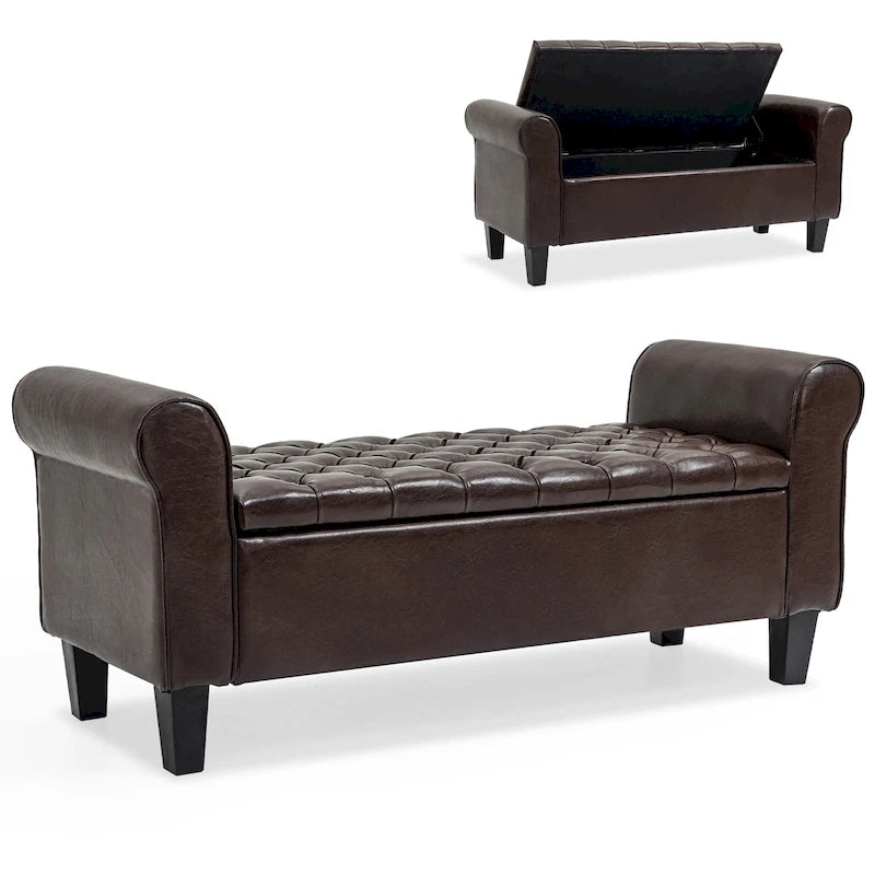 Banc pouf de rangement, pouf rembourré en cuir avec accoudoir