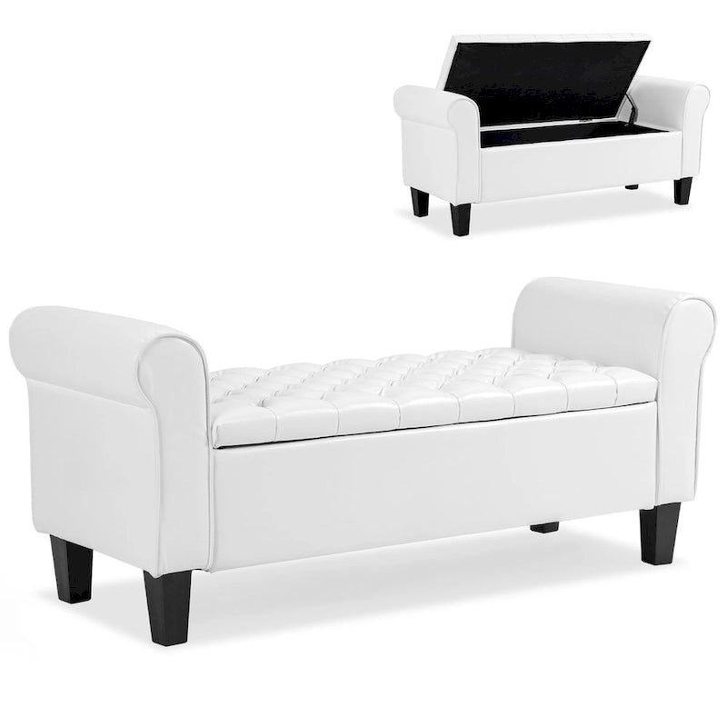Banc pouf de rangement, pouf rembourré en cuir avec accoudoir
