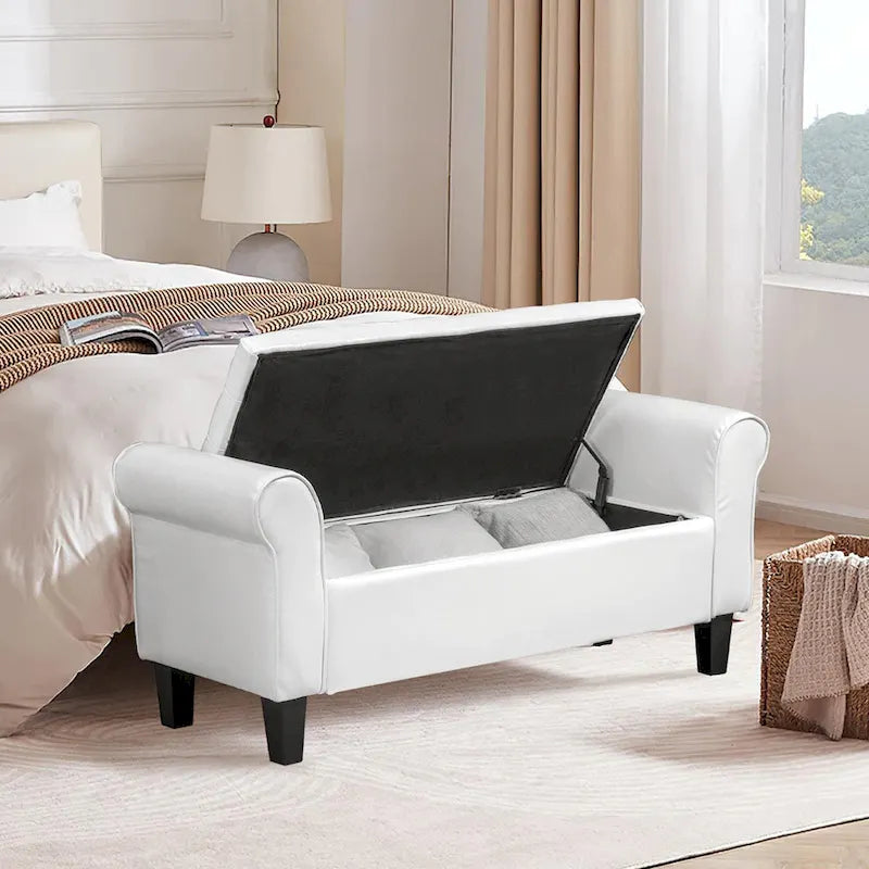 Banc pouf de rangement, pouf rembourré en cuir avec accoudoir