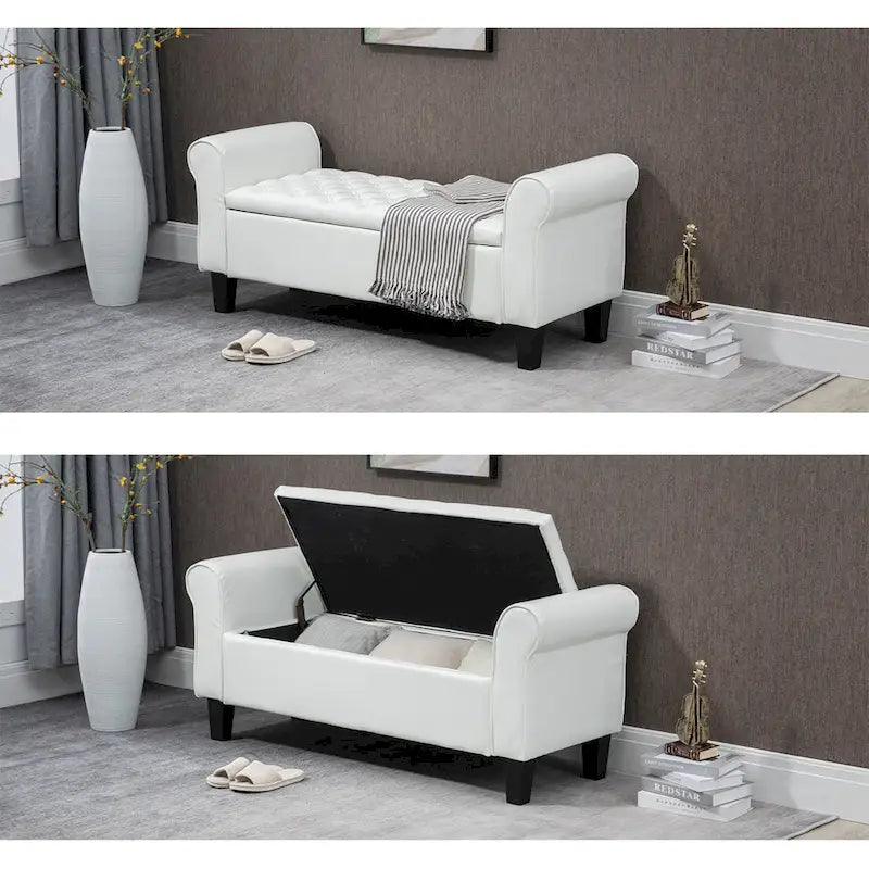 Banc pouf de rangement, pouf rembourré en cuir avec accoudoir