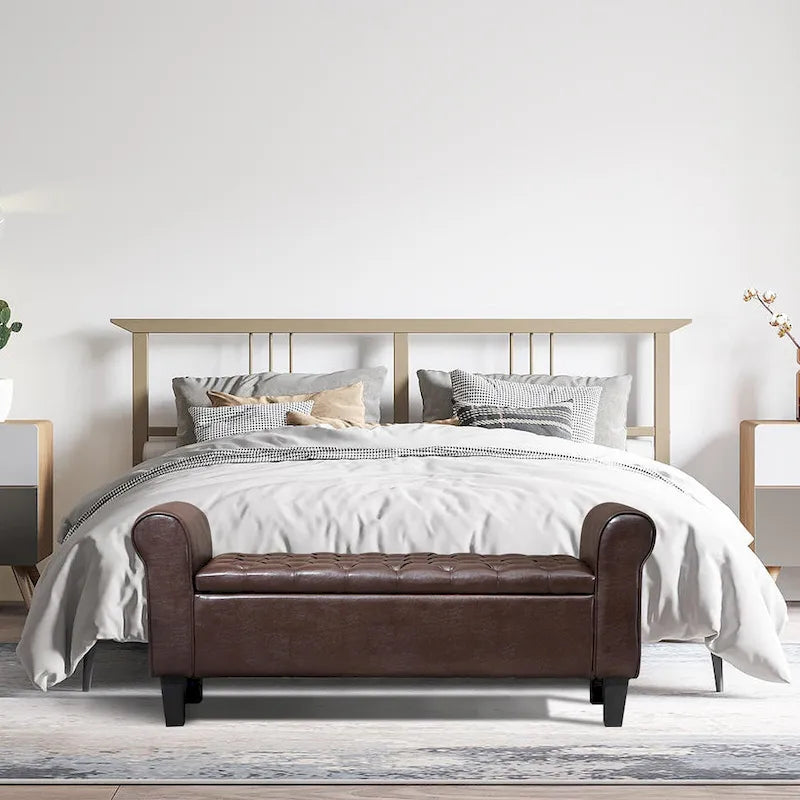 Banc pouf de rangement, pouf rembourré en cuir avec accoudoir