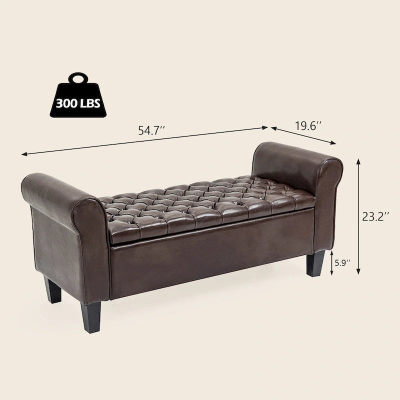 Banc pouf de rangement, pouf rembourré en cuir avec accoudoir