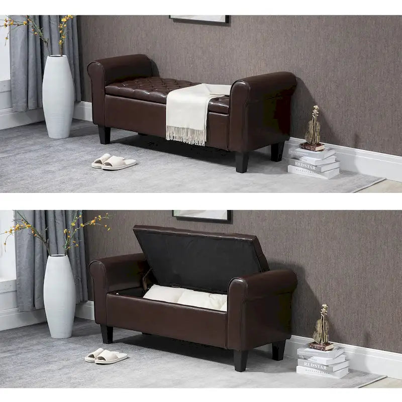 Banc pouf de rangement, pouf rembourré en cuir avec accoudoir