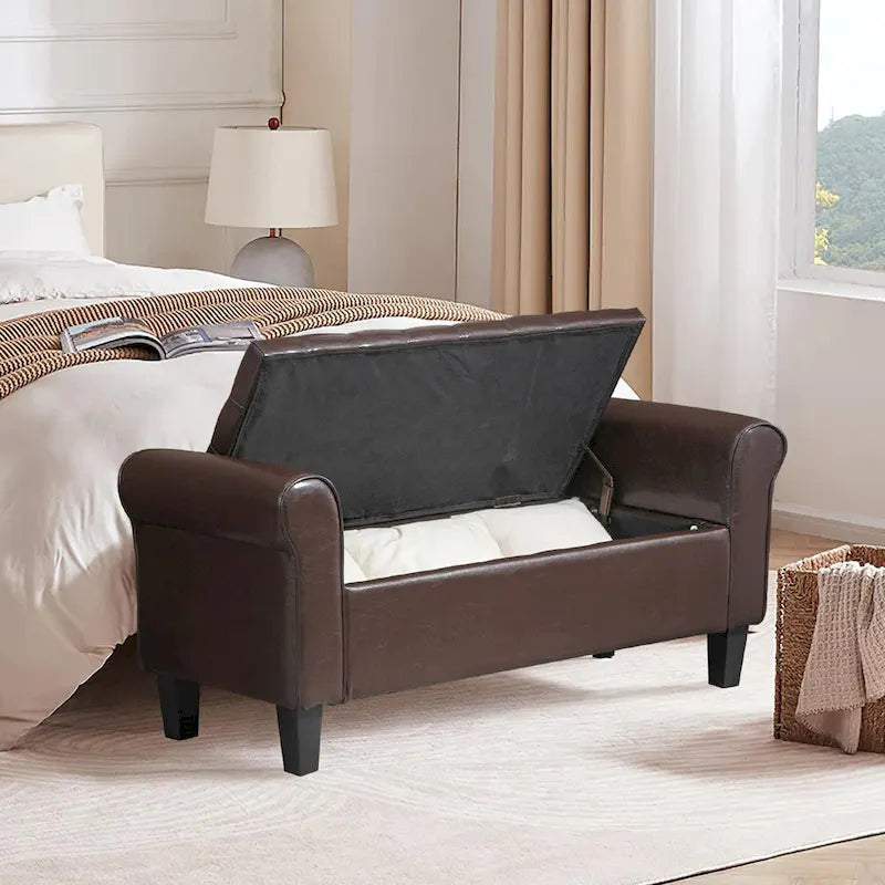Banc pouf de rangement, pouf rembourré en cuir avec accoudoir