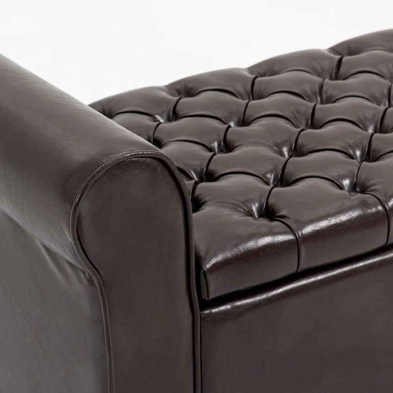 Banc pouf de rangement, pouf rembourré en cuir avec accoudoir