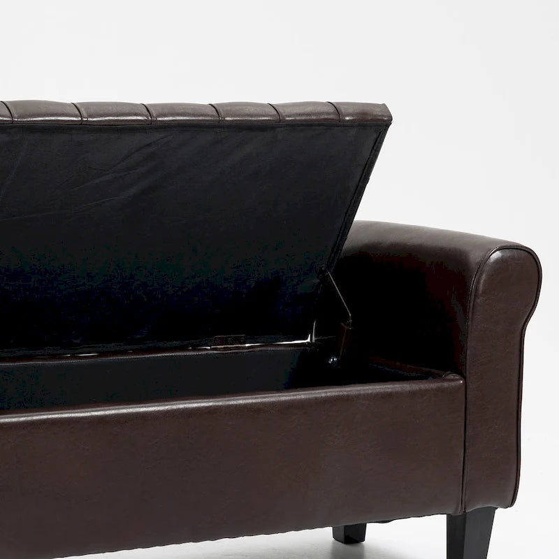 Banc pouf de rangement, pouf rembourré en cuir avec accoudoir