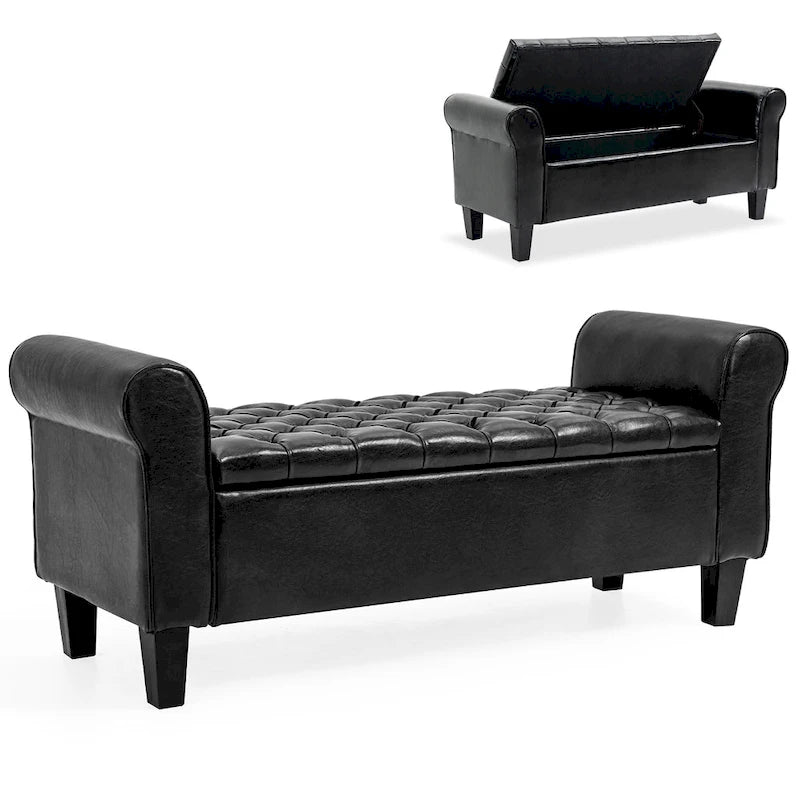 Banc pouf de rangement, pouf rembourré en cuir avec accoudoir