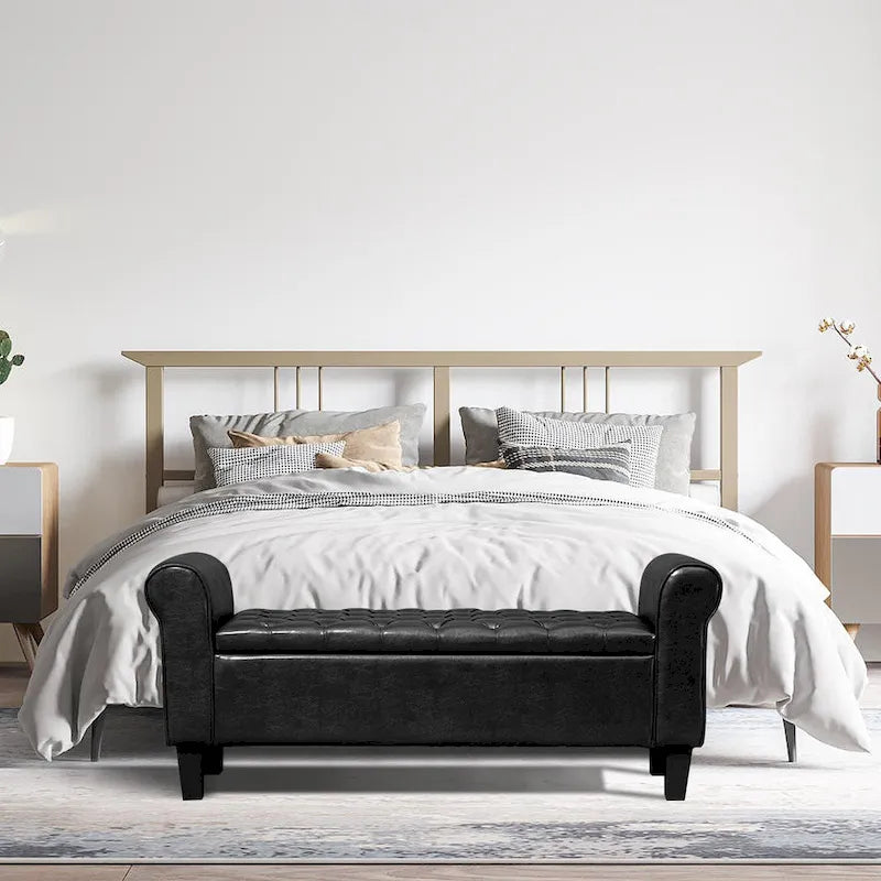 Banc pouf de rangement, pouf rembourré en cuir avec accoudoir