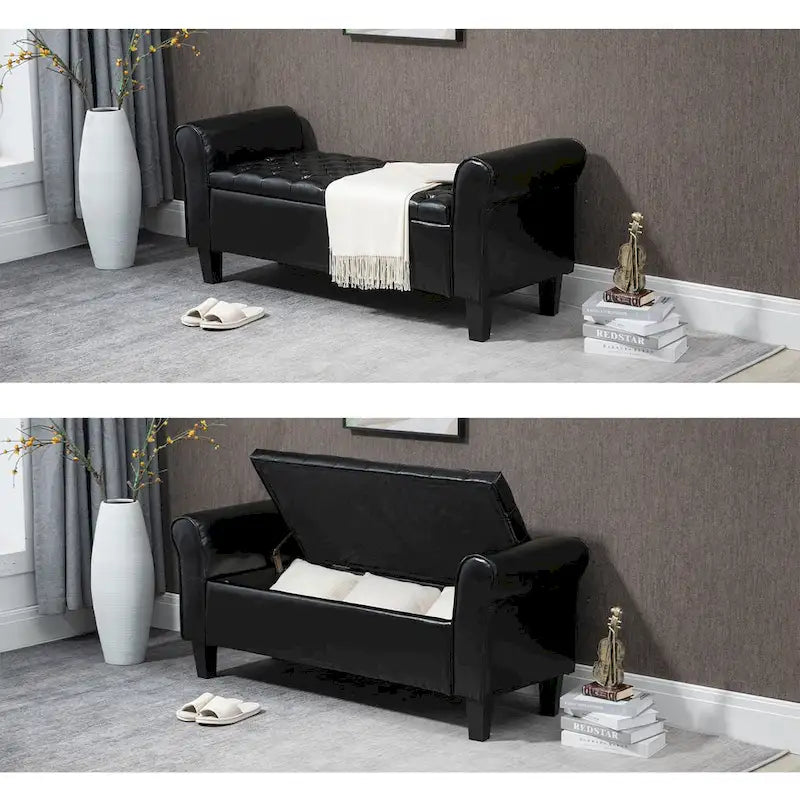Banc pouf de rangement, pouf rembourré en cuir avec accoudoir