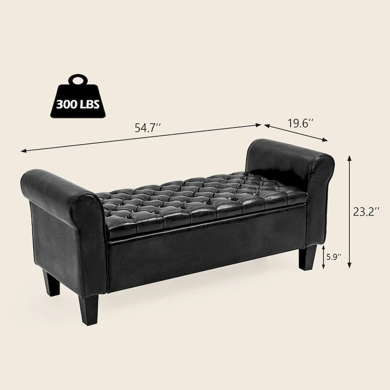 Banc pouf de rangement, pouf rembourré en cuir avec accoudoir