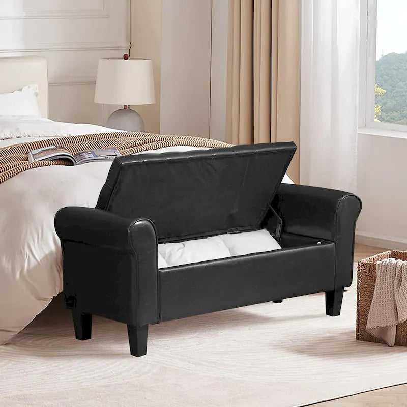 Banc pouf de rangement, pouf rembourré en cuir avec accoudoir