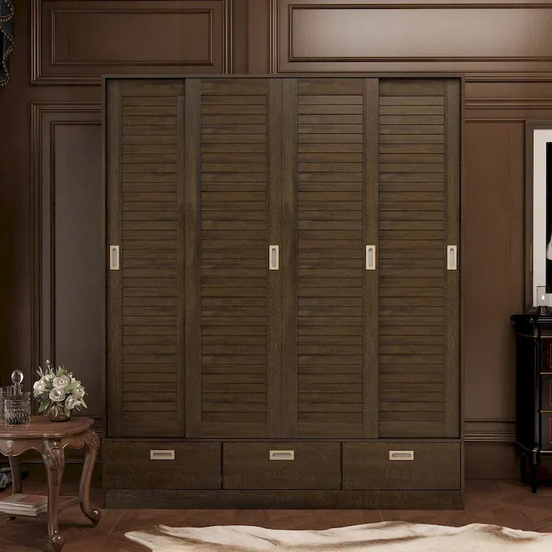 Armoire en bois grainé marron avec tiroirs, tringle et 4 portes coulissantes