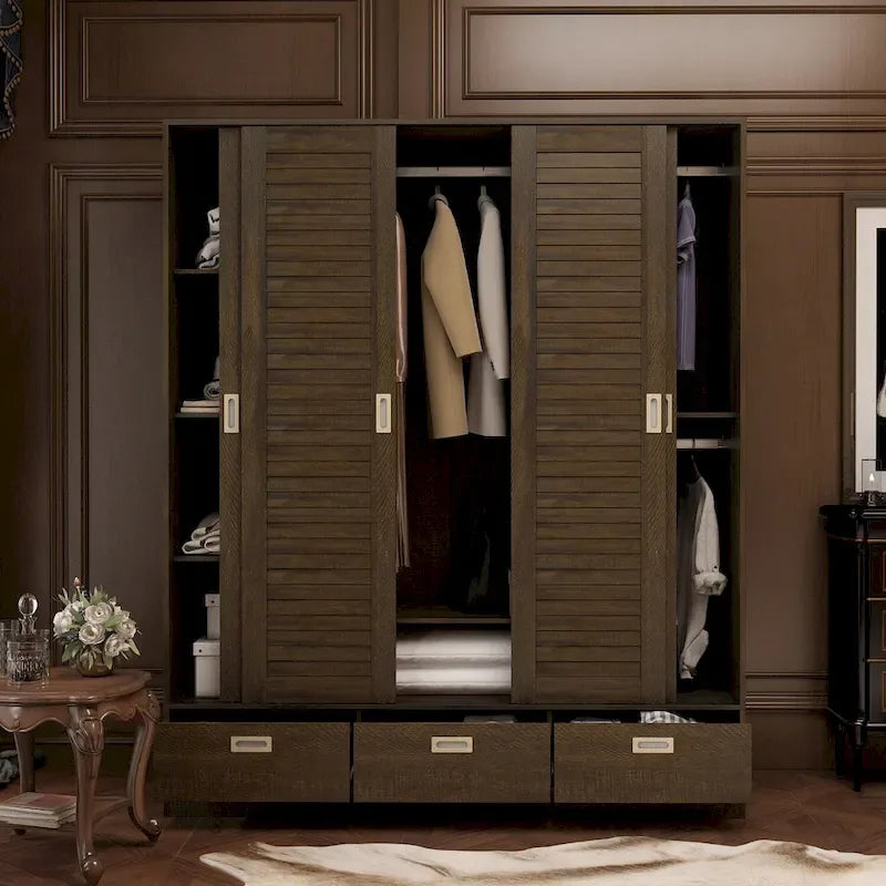 Armoire en bois grainé marron avec tiroirs, tringle et 4 portes coulissantes
