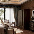 Armoire en bois grainé marron avec tiroirs, tringle et 4 portes coulissantes