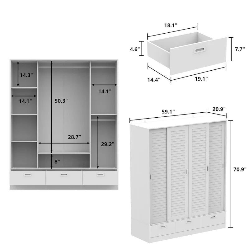 Armoire en bois grainé marron avec tiroirs, tringle et 4 portes coulissantes