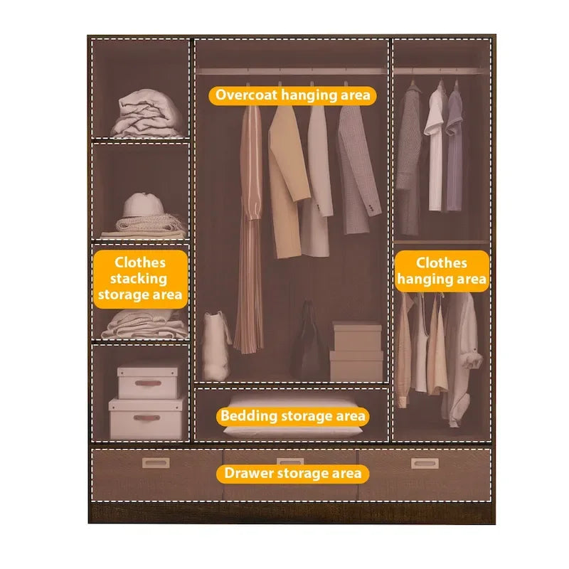 Armoire en bois grainé marron avec tiroirs, tringle et 4 portes coulissantes