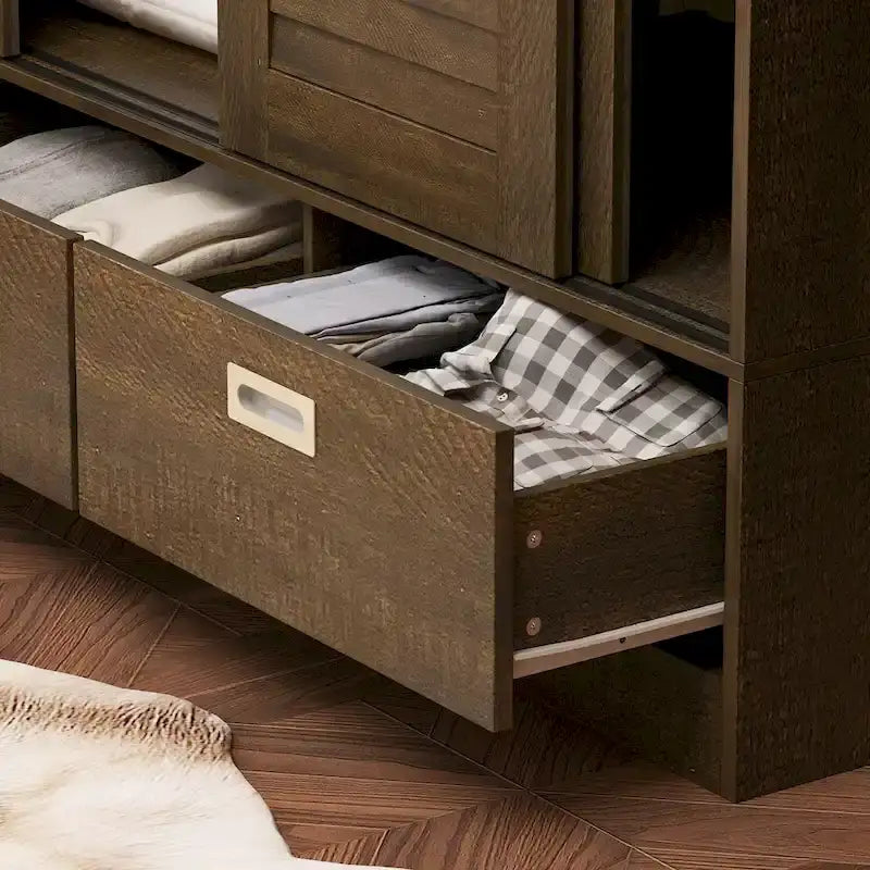Armoire en bois grainé marron avec tiroirs, tringle et 4 portes coulissantes