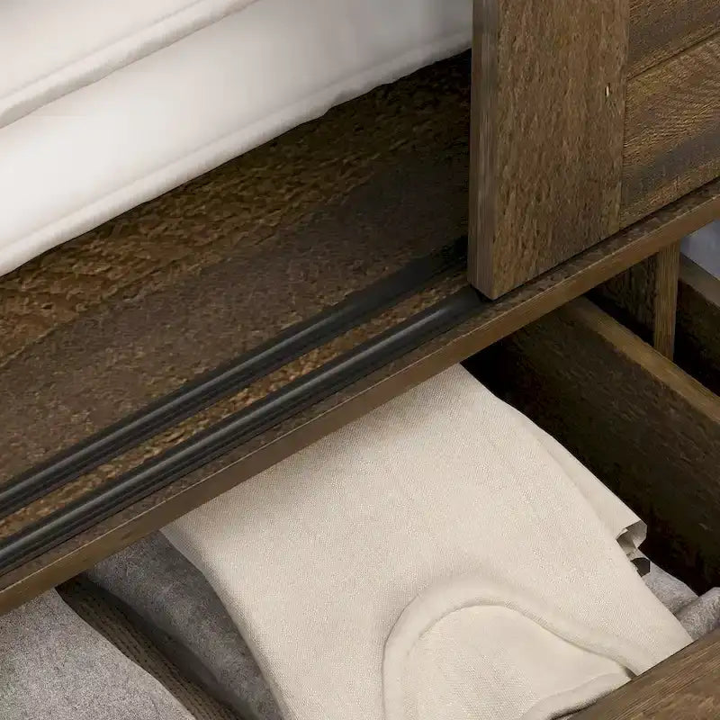 Armoire en bois grainé marron avec tiroirs, tringle et 4 portes coulissantes