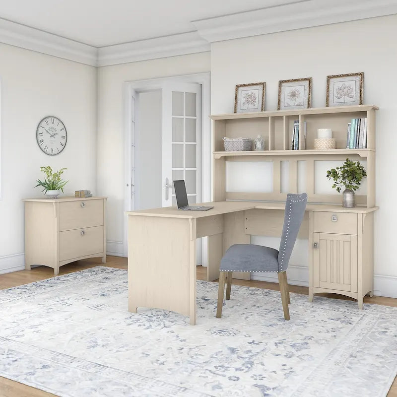 Bureau en L de 152 cm avec huche et classeur latéral blanc