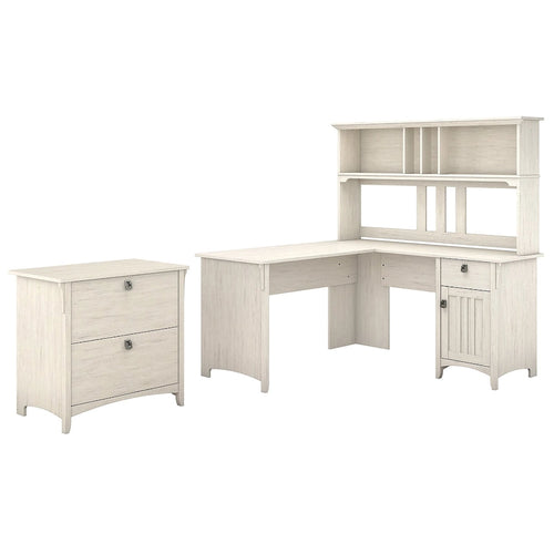 Bureau en L de 152 cm avec huche et classeur latéral blanc