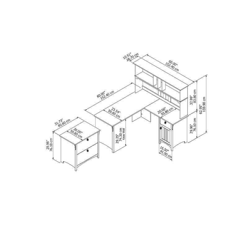 Bureau en L de 152 cm avec huche et classeur latéral blanc