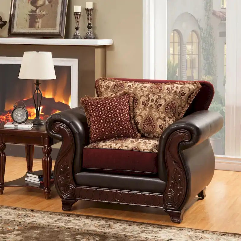Fauteuil capitonné en faux cuir à motif damassé traditionnel