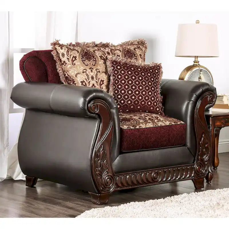 Fauteuil capitonné en faux cuir à motif damassé traditionnel