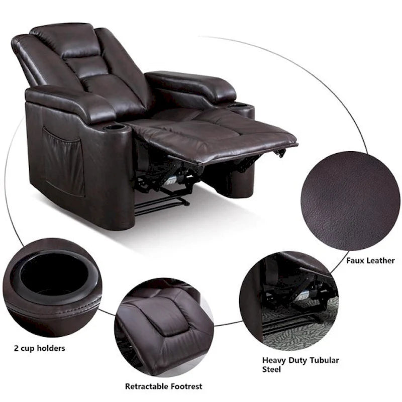 Fauteuil inclinable électrique en similicuir avec porte-gobelets et ports USB