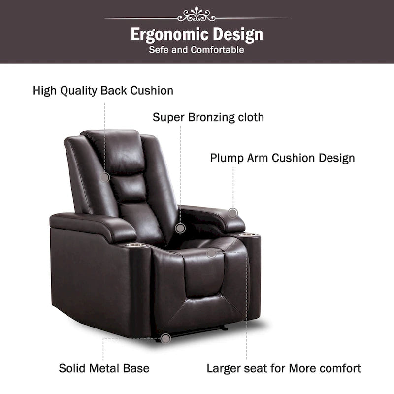 Fauteuil inclinable électrique en similicuir avec porte-gobelets et ports USB