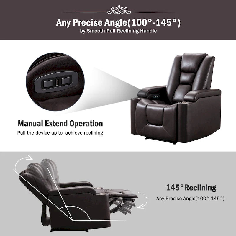 Fauteuil inclinable électrique en similicuir avec porte-gobelets et ports USB
